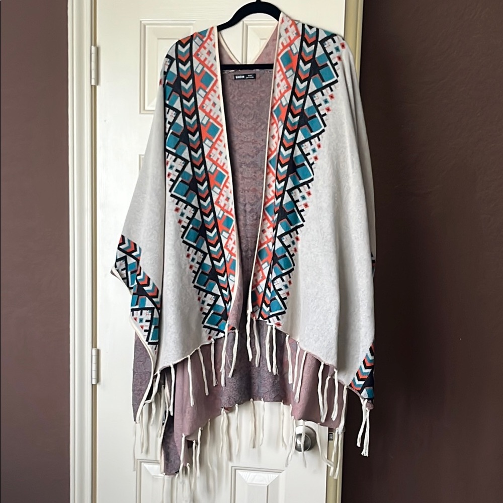 SHEIN Geometric Fringe Poncho in Gray and Teal